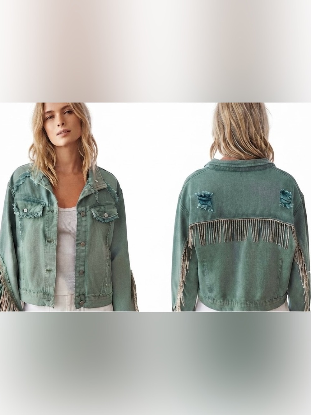 POL fringe turquoise/olive woman's Jean Jacket